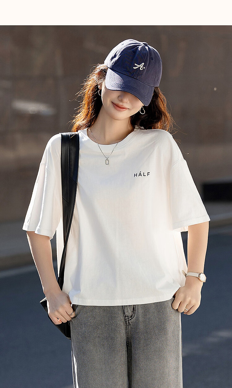 Demana [Comfort 180G Pure Cotton] Summer Simple Style Letter Print Loose Fit Women's 5-Sleeve T-Shirt 17
