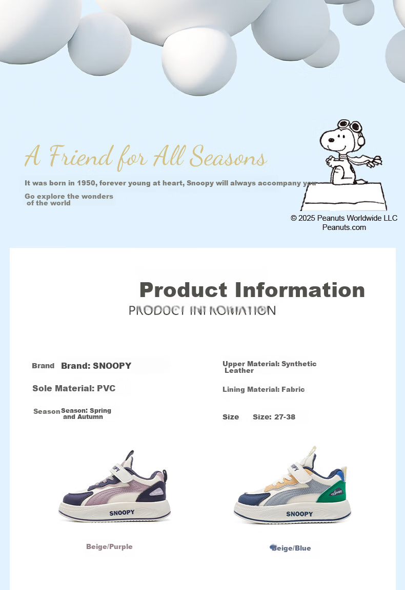 SNOOPY Kids Boys Casual Sports Shoes Children's Spring Lightweight Leisure Girls Running Shoes 0034 Beige/Blue Size 30 1