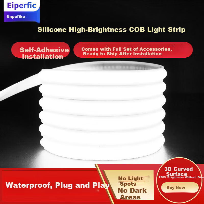 Eiperfic High Brightness COB LED Strip Light Outdoor Waterproof Ceiling Soft LED Tape with Adhesive White Light 10m EF-COBD-220V