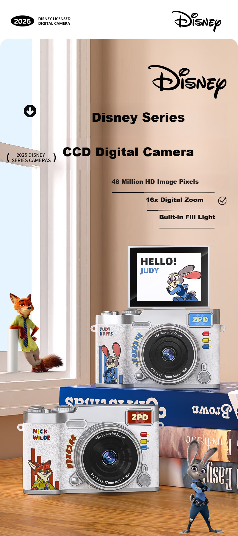 Disney Zootopia Kids Camera CCD Alternative Student Flip Screen Portable Entry-Level Camera for Photography Travel Boys Girls Birthday Lantern Festival School Gift X2 Judy 3