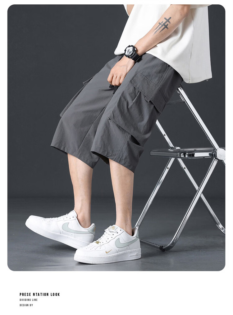 JEEP SPIRIT Men's Summer Ice Silk Cargo Shorts Loose Sports Quick-Dry Capri Pants Military Green M 12
