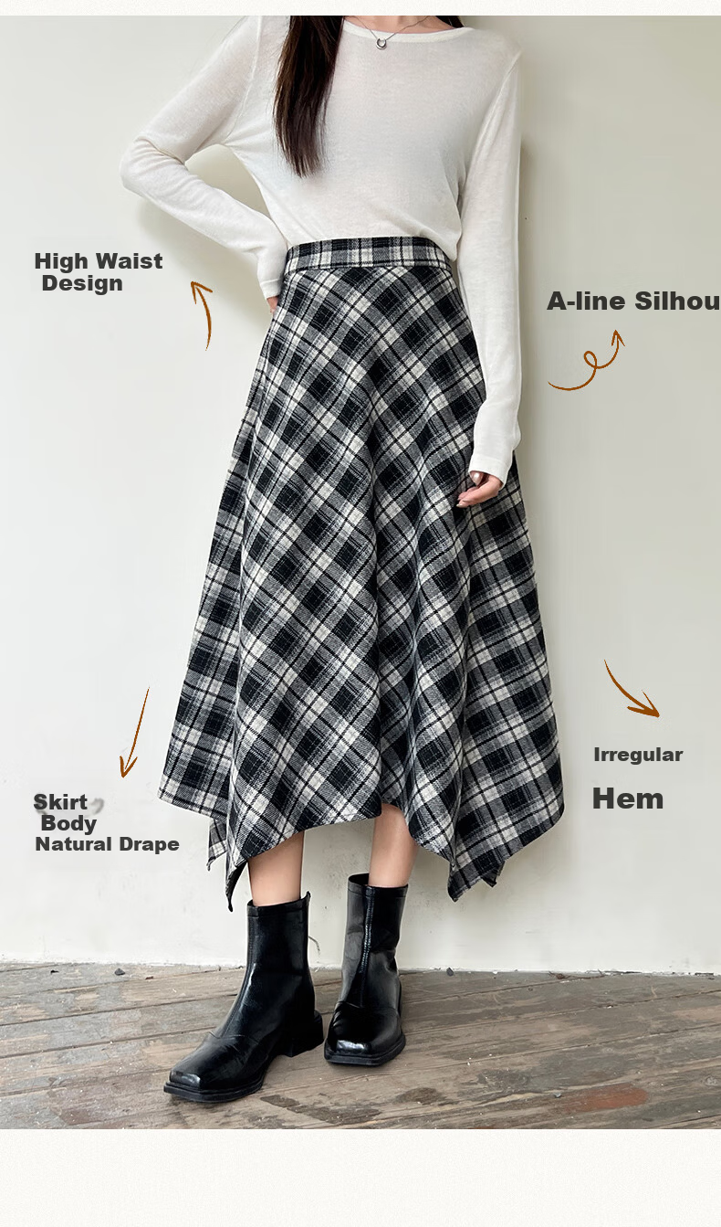 BOPRUIEY Vintage Plaid Irregular Women's Skirt 2025 New Autumn Winter A-Line Casual Mid-Length Skirt 6