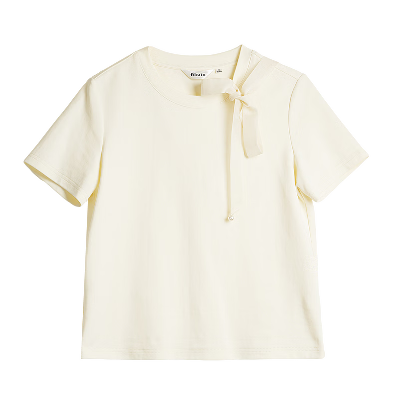Olrain Detachable Ribbon French Style Short Sleeve T-Shirt Women Summer New Shoulder Round Neck Top Apricot L