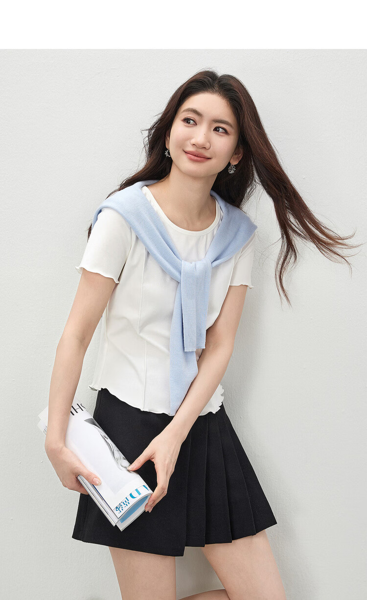Shangdu Bilai Laisai Erl Cotton Cool Feeling Women's Summer Casual Round Neck Letter Embroidered T-Shirt Elegant Wave Edge Slim Fit Inner Wear 7
