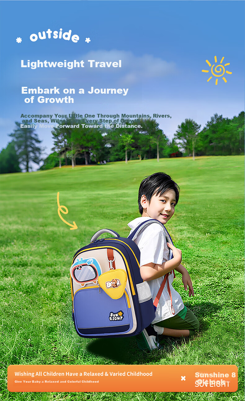 Sunshine 8 O'clock Primary School Backpack Children's School Bag Boys Girls Ergonomic Lightweight Grade 1-3-5 Stylish Double Shoulder Bag 4