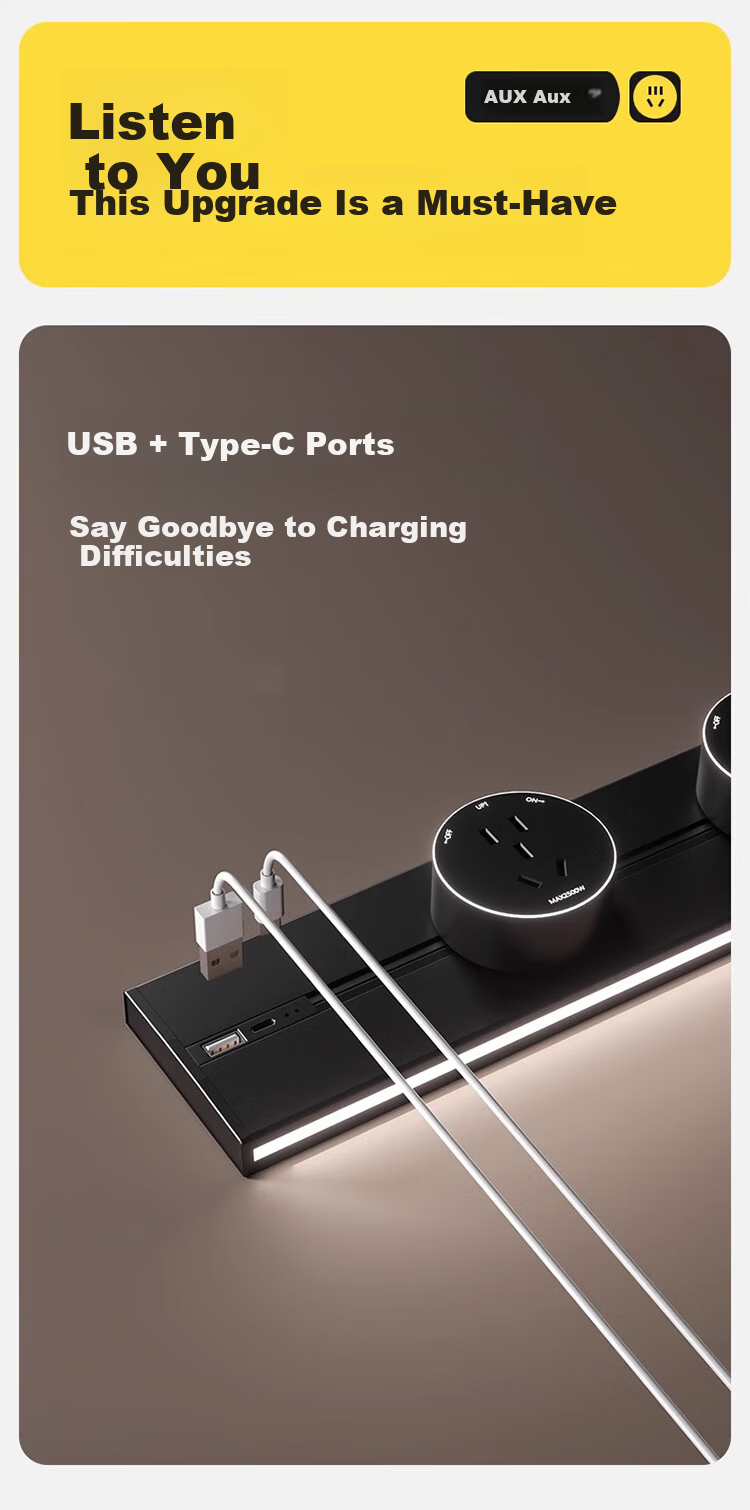 AUX LED Strip Track Socket with USB Sensor Light, Movable Surface-Mounted No-Drill, 500mm + 4 Five-Hole Outlets, Black 2