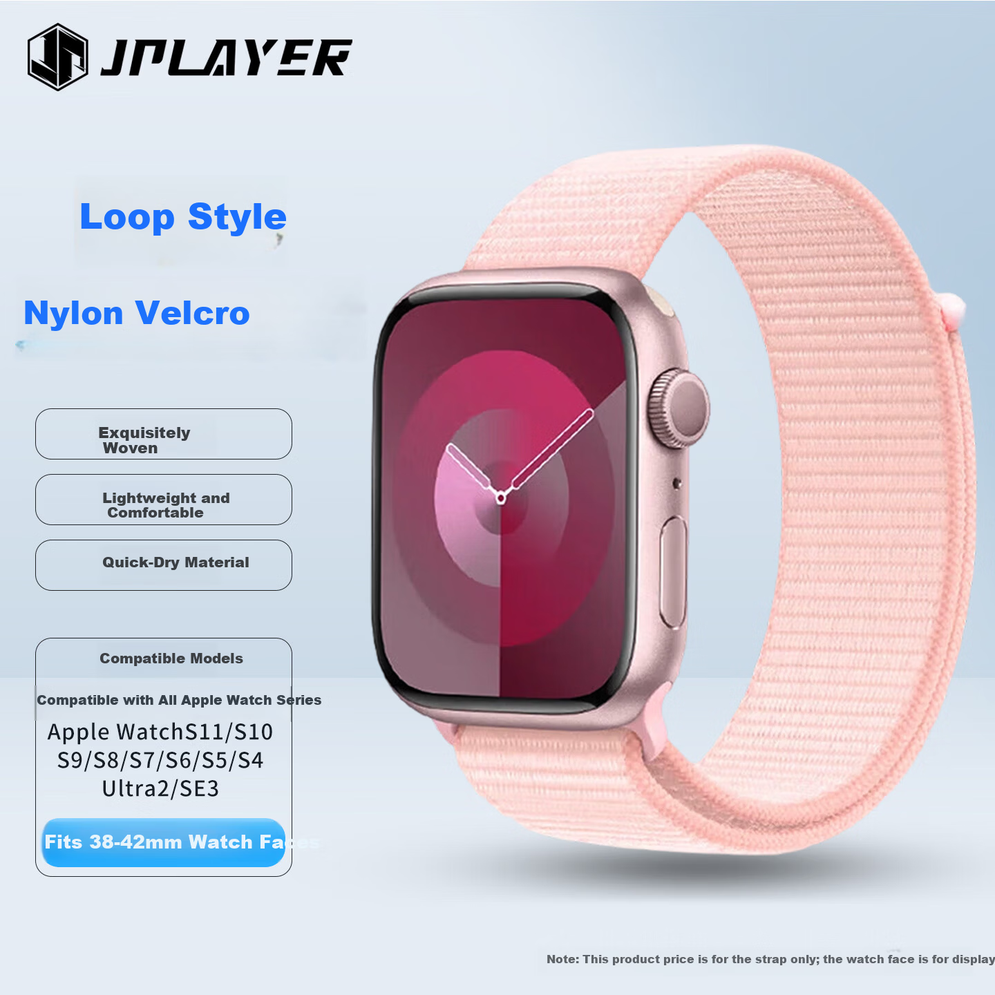JPLAYER Apple Watch Band Compatible with Apple Watch S9/8/7/6/5/4/SE Loop Nylon Velcro Strap Lotus Pink