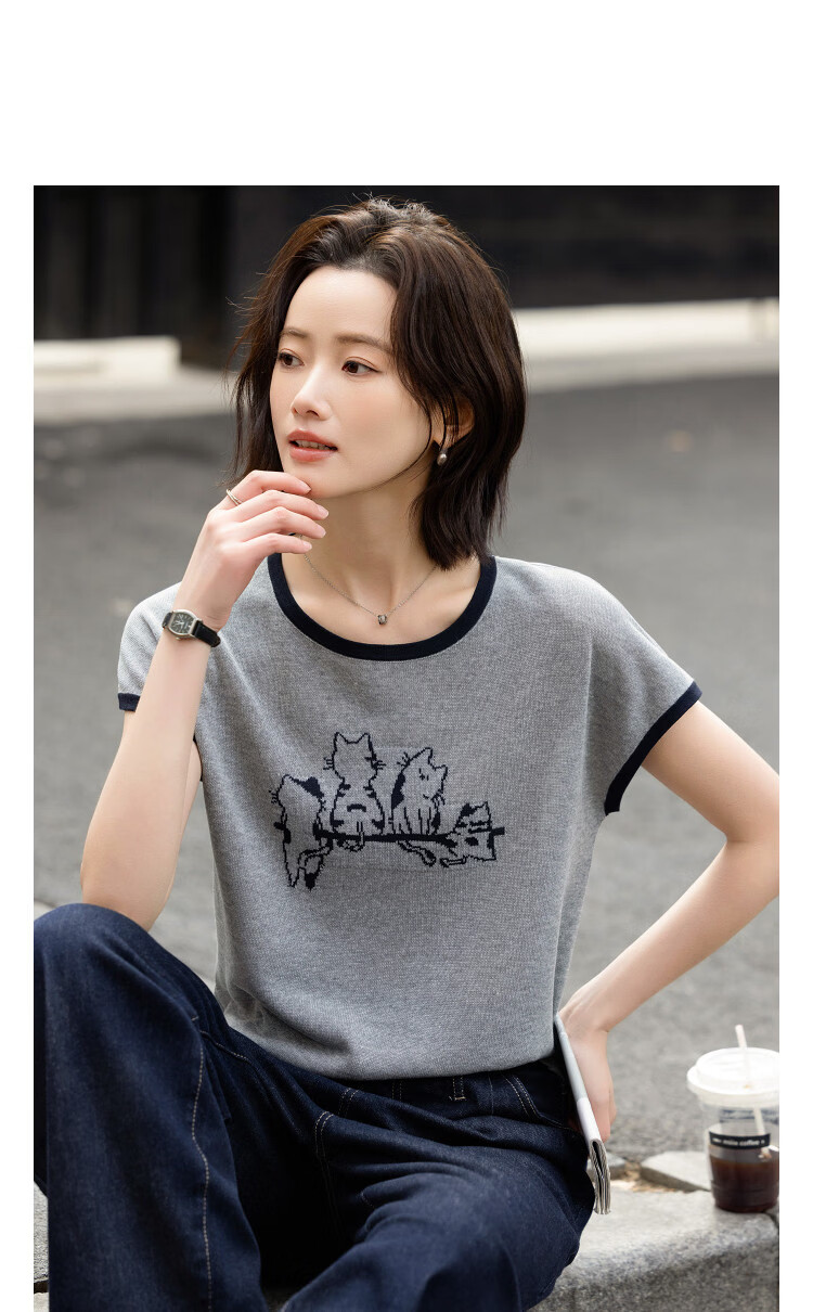 Demana [With Linen] Summer Lightweight Round Neck Colorblock Cat Jacquard Slimming Conceal Body Knit Sweater for Women Premium Feel 11