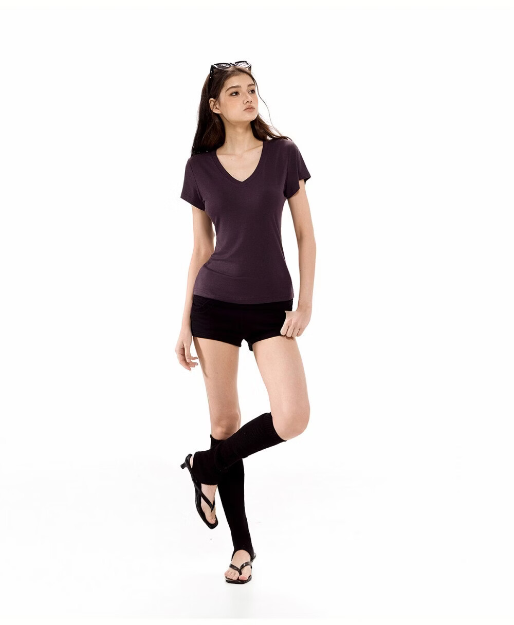 ICH MODE Slim Fit Stretch V-Neck Short Sleeve T-Shirt Women Summer New Casual Sports Shoulder Top Crop Light Purple M 8