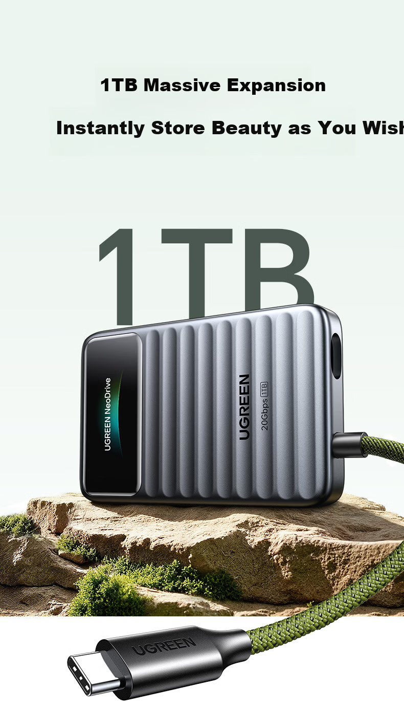 UGREEN Go20 Smart Display Edition 1TB Portable SSD (PSSD) High-Speed 2000MB/s Transfer Compatible with Thunderbolt 4/3 Type-C Integrated Built-in Data Cable 25