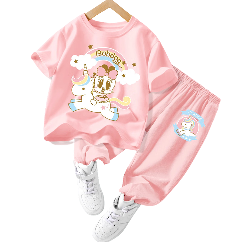 BOBDOG Girls' Clothing Set 2026 New Dopamine Pure Cotton Short Sleeve Summer Mosquito-Proof Pants Pink+Pink Size 140