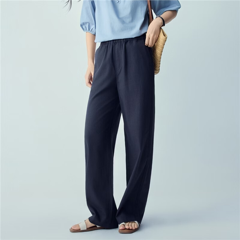 Giordano Women's Summer New Linen Pants Cotton Linen Elastic Waist Loose Straight Casual Trousers 05416315
