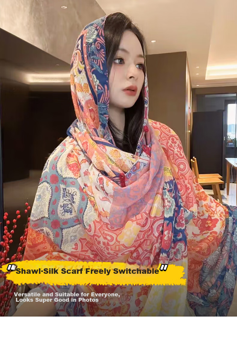 Jian Cai Premium Printed Silk Scarf for Women 2026 New Shawl Travel Sun Protection Gauze Scarf Ethnic Style Frog Button Wrap Beach Outerwear 4