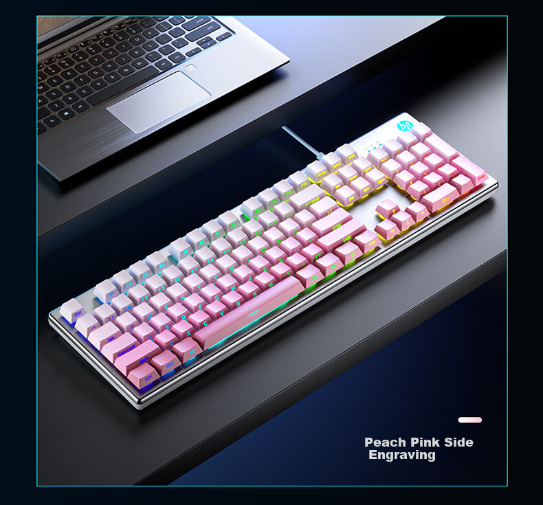 HP Mechanical Feel Gaming Keyboard with Wired Quiet Thin Film Switches for Computer Laptop Office Use, 104 Keys, Splash-Resistant Backlit High Aesthetic Value, Blackberry Pink Side Engraving 11