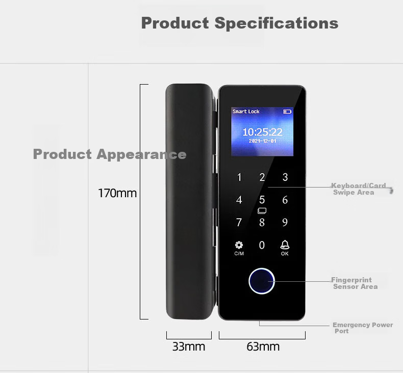 Youku Frameless Glass Door Fingerprint Lock, Wooden Door Fingerprint Door Lock, Single/double Electronic Password Lock for Access Control And Attendance with Screen, IC Card Mini Program Unlocking, DW-611 11