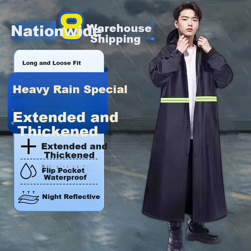 Beifute Long Raincoat Full Body Anti-Rain Hooded One-Piece Windbreaker Rain Poncho Security Outdoor Construction Safety Adult Extended Thickened High-Visibility Reflective Strips Random Style Delivery