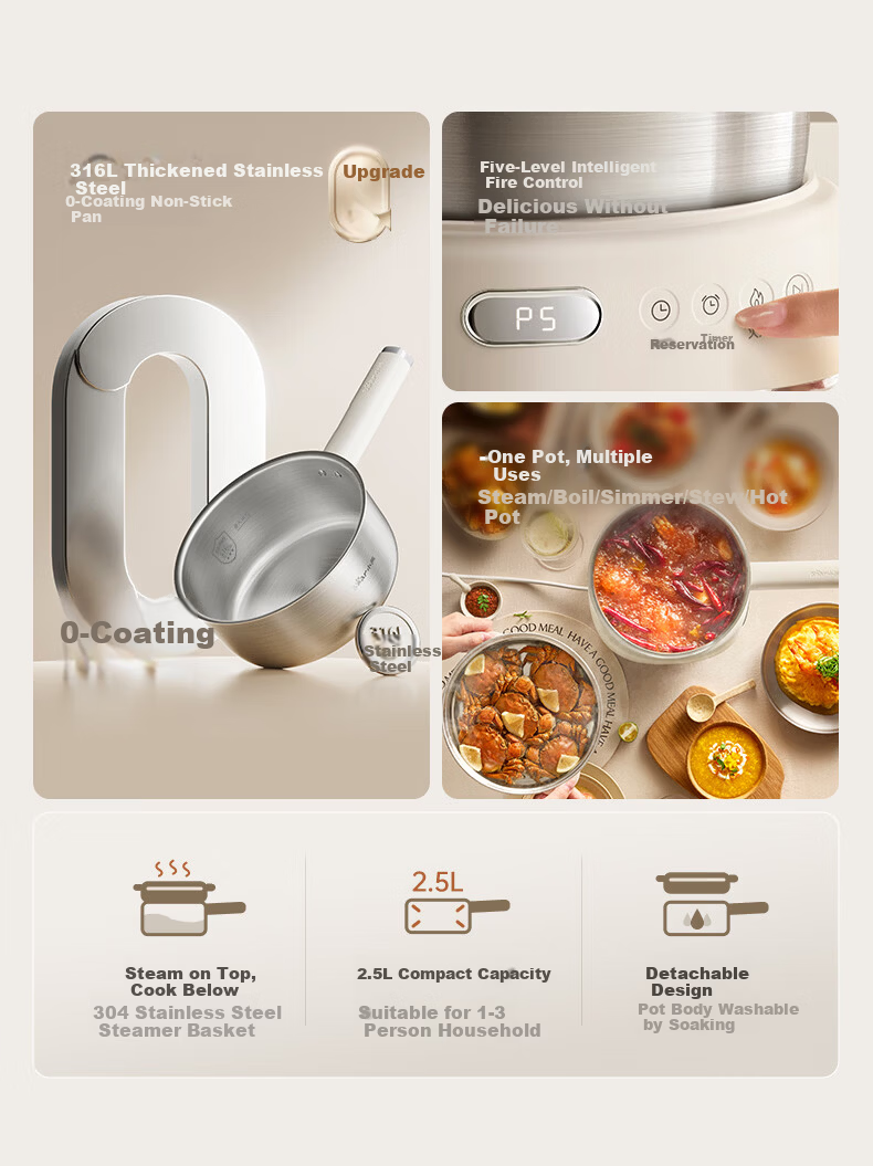 Bear Electric Cooking Pot Small Electric Hot Pot Electric Stew Pot Steamer 2-3 Person Household 316L Stainless Steel with Steamer Basket 2.5L F25P1 3