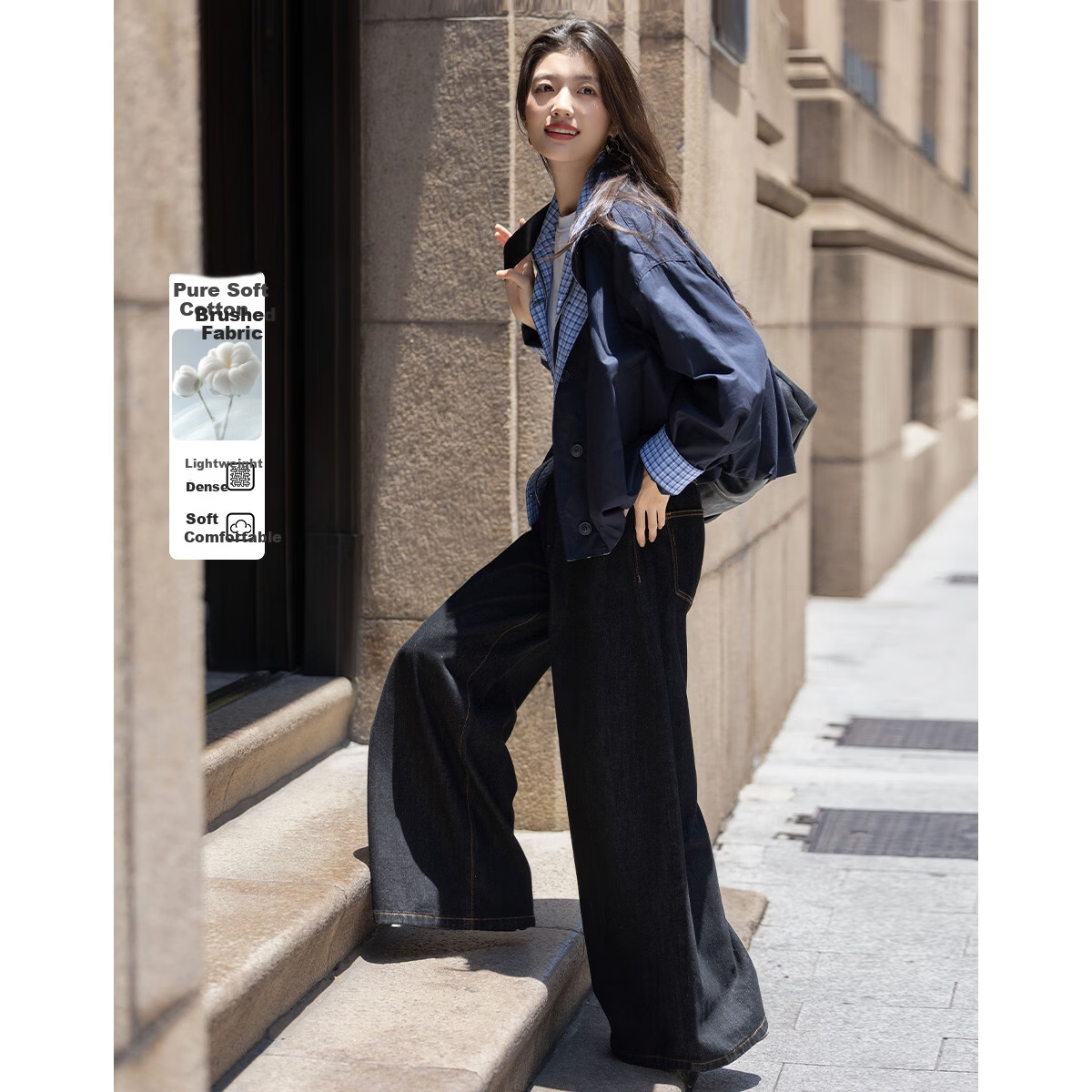 Dme [Soft Cotton Brushed] Autumn Urban Simple Double-Layer Lapel Color-Block Plaid Folded Loose Women's Coat