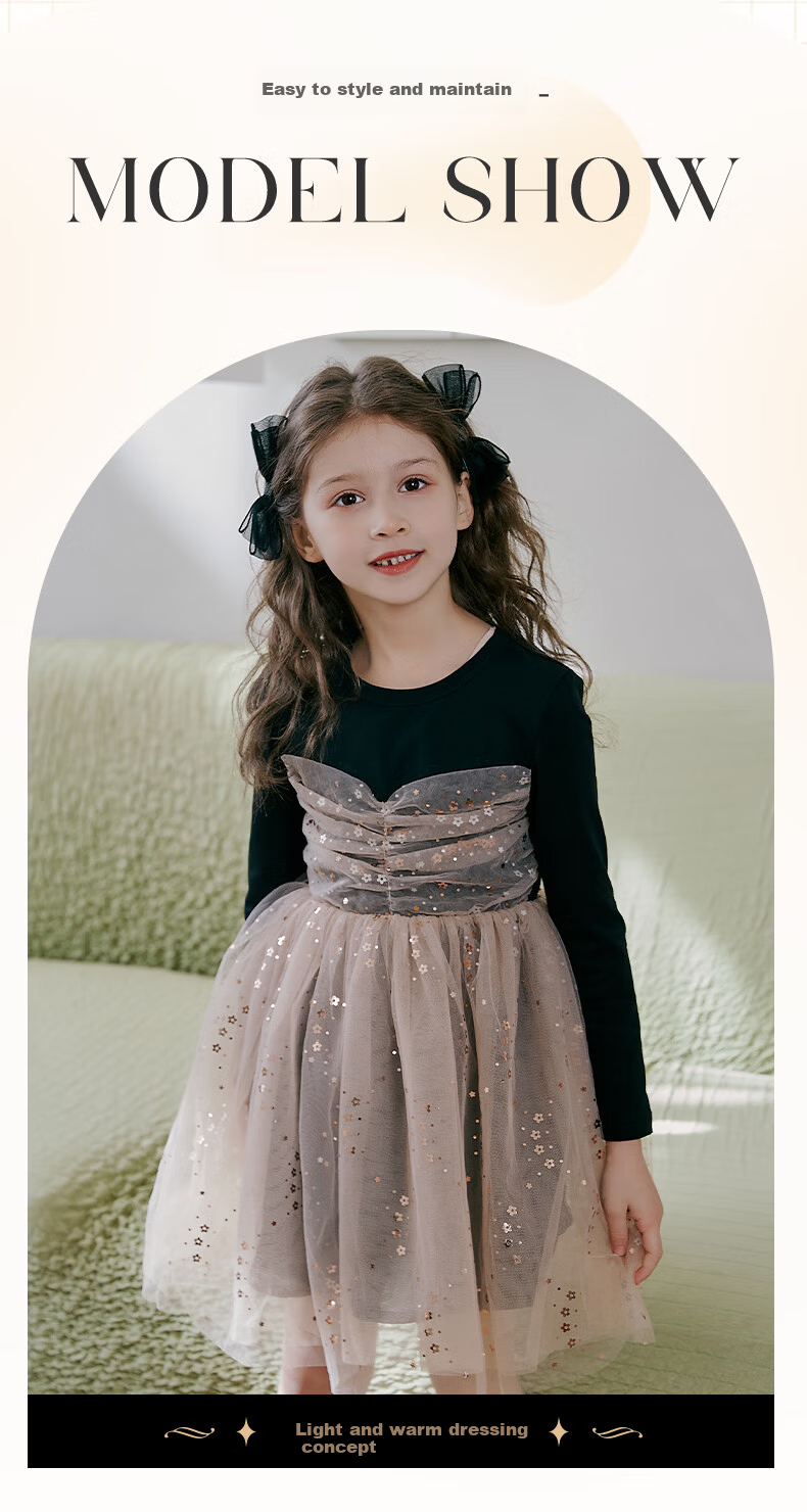 Fulomi Girls' Dress Spring Autumn Sweet Sequin Mesh Princess Dress Puff Knit Dress Black 140 3