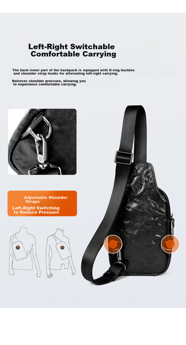 Paibaojue Men's Chest Bag First Layer Cowhide Luxury Fashion Large Capacity Single Shoulder Crossbody Bag Commuter Men's Bag Birthday Gift 7