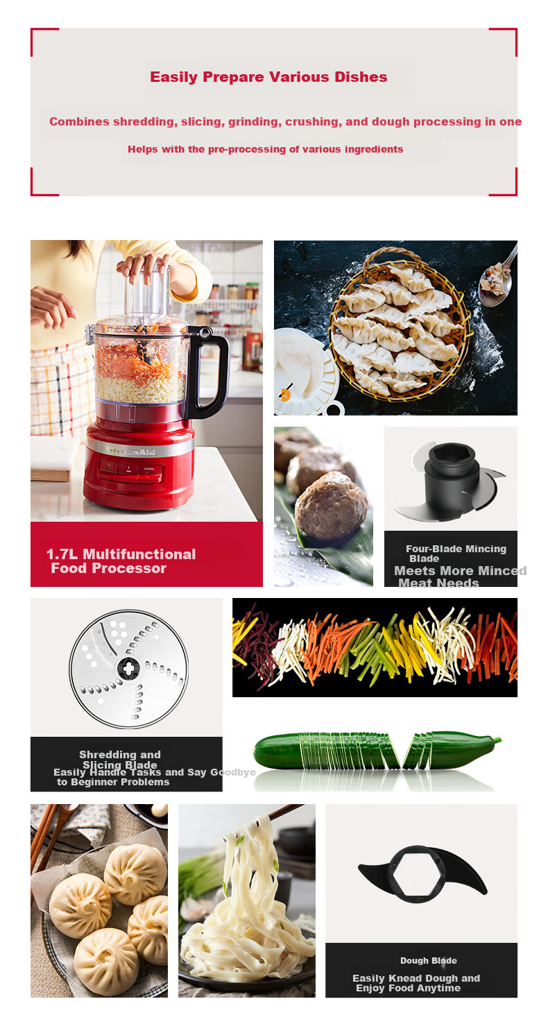 KitchenAid 1.7L Food Processor Meat Grinder Vegetable Cutter Dough Kneader Multifunctional 5KFP0720CPA Passion Red 4