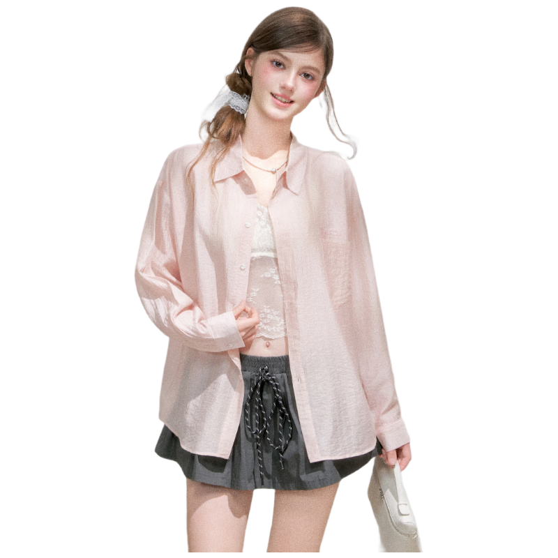ICH MODE "Spring Light Leisure" Lyocell Physical Sunscreen Long Sleeve Shirt Women Lazy Style Thin Jacket Pink L