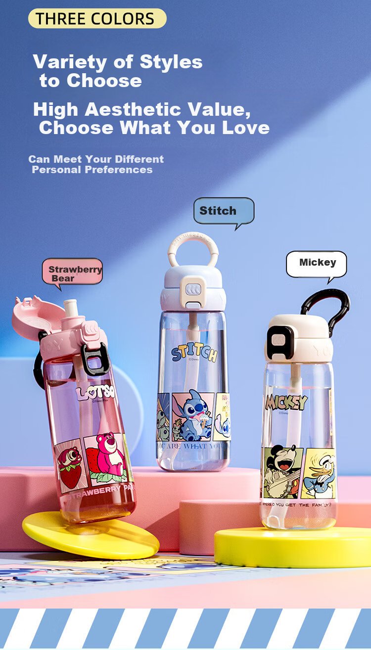 Disney Kids Double Spout Durable Plastic Water Bottle Large Capacity Summer Student School Drinking Cup 3
