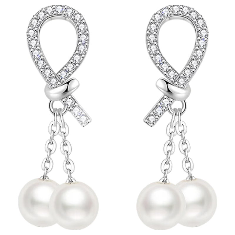 Aji Bean Women's Fashion Zircon Knot Pearl Pendant Tassel Earrings Luxury Studs Gift for Girlfriend