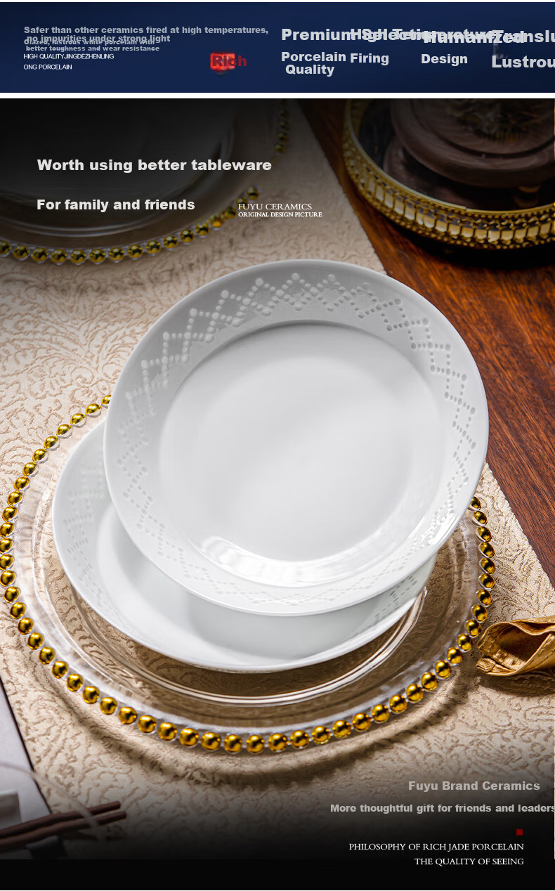 Fuyu Ceramics Jingdezhen Dinnerware Set Underglaze Color Exquisite Porcelain Bowls Premium Home Pure White Bowl and Plate Set Starshine 16-Piece 7