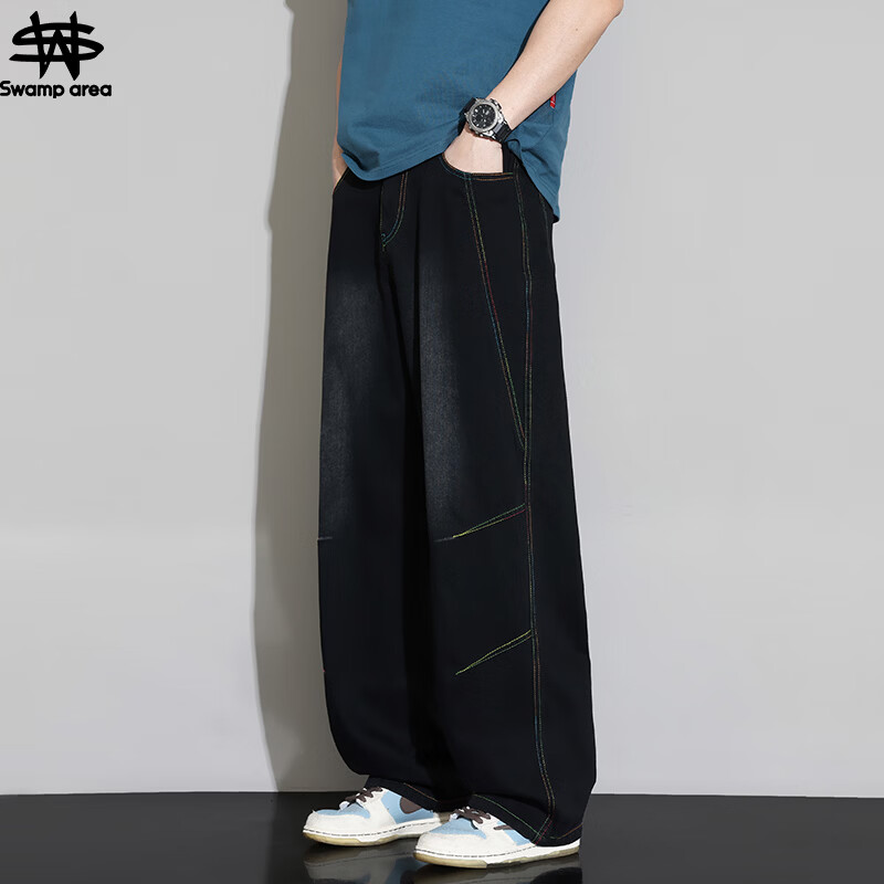 SWAMP AREA Lyocell Tencel Denim Jeans Men Summer Straight Loose Ice Silk Wide Leg Casual Pants K652 Black L