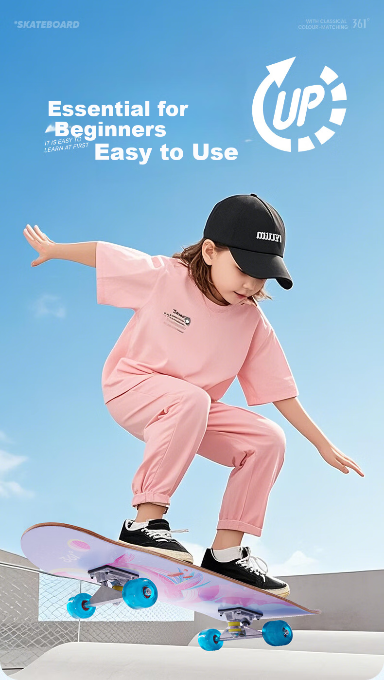 361° Kids Double Kick Skateboard Beginner Boys Girls Youth 6-12 Years Professional Street Skateboard Blue Action Wheels 1