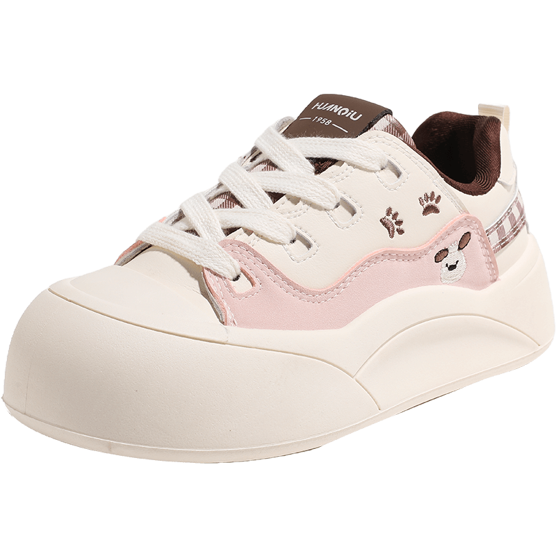 Global Cute Bear Embroidery Big Head Shoes Women 2026 Spring New Versatile Thick Sole Casual Sneakers Blue Brown 39