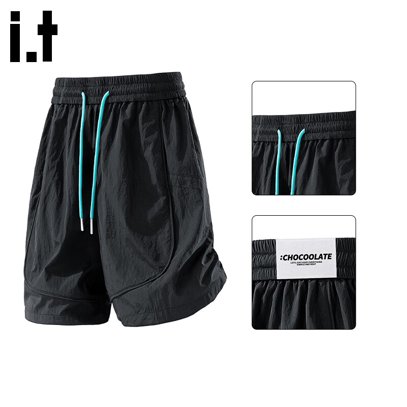 :CHOCOOLATE IT Quick-Dry Men's Summer Ice Silk American Style Loose Casual Thin Five-Point Shorts Dark Night Black M