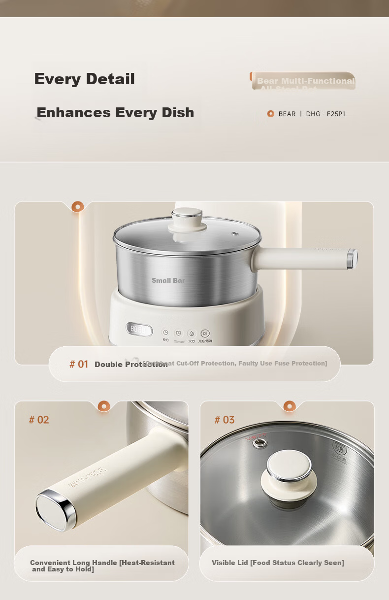 Bear Electric Cooking Pot Small Electric Hot Pot Electric Stew Pot Steamer 2-3 Person Household 316L Stainless Steel with Steamer Basket 2.5L F25P1 17