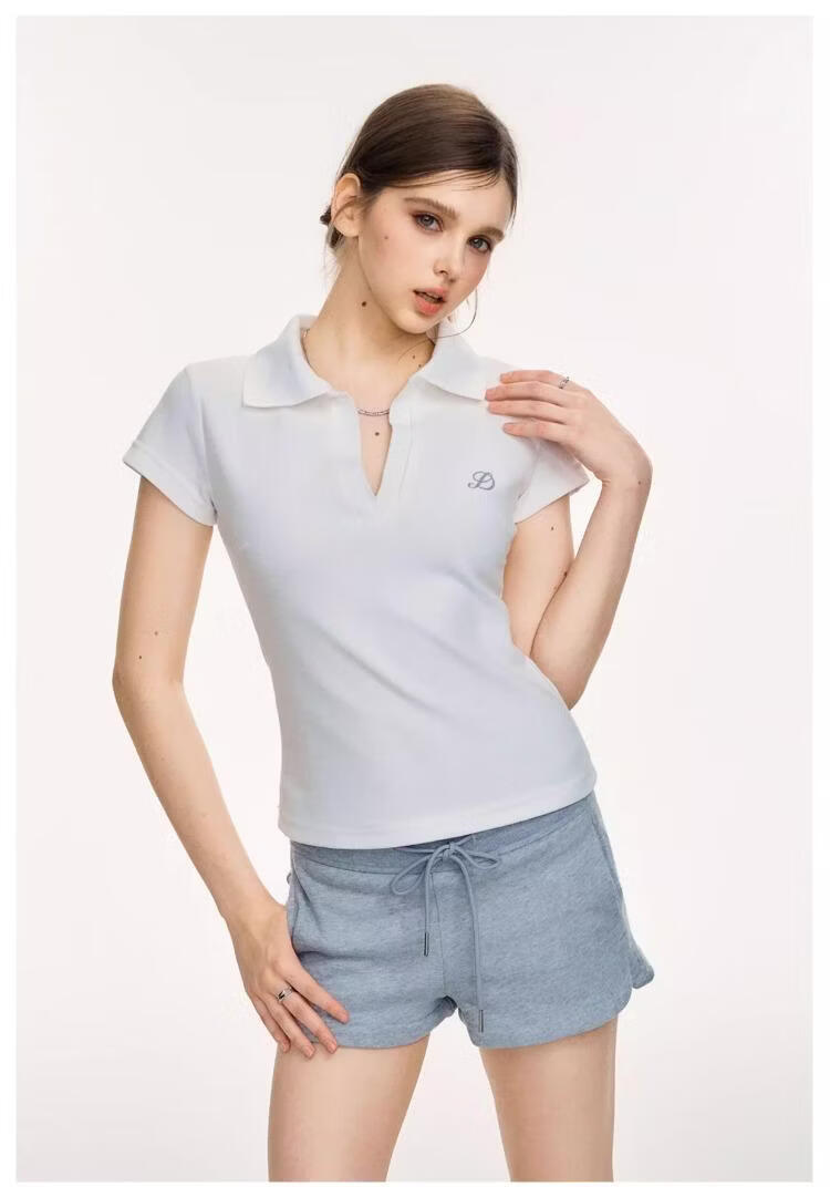 ICH MODE Vintage Polo Collar Short Sleeve T-Shirt Women 2026 Summer New Slim Fit Cropped Top White L 16