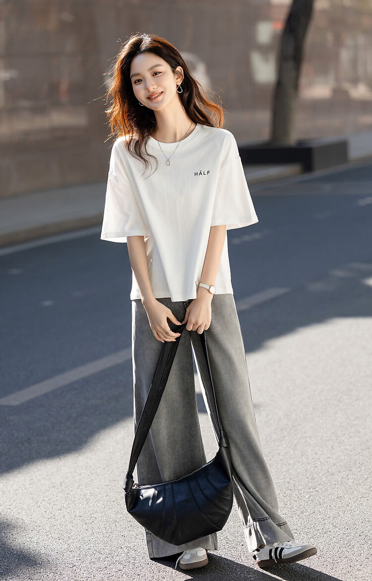 Demana [Comfort 180G Pure Cotton] Summer Simple Style Letter Print Loose Fit Women's 5-Sleeve T-Shirt 14