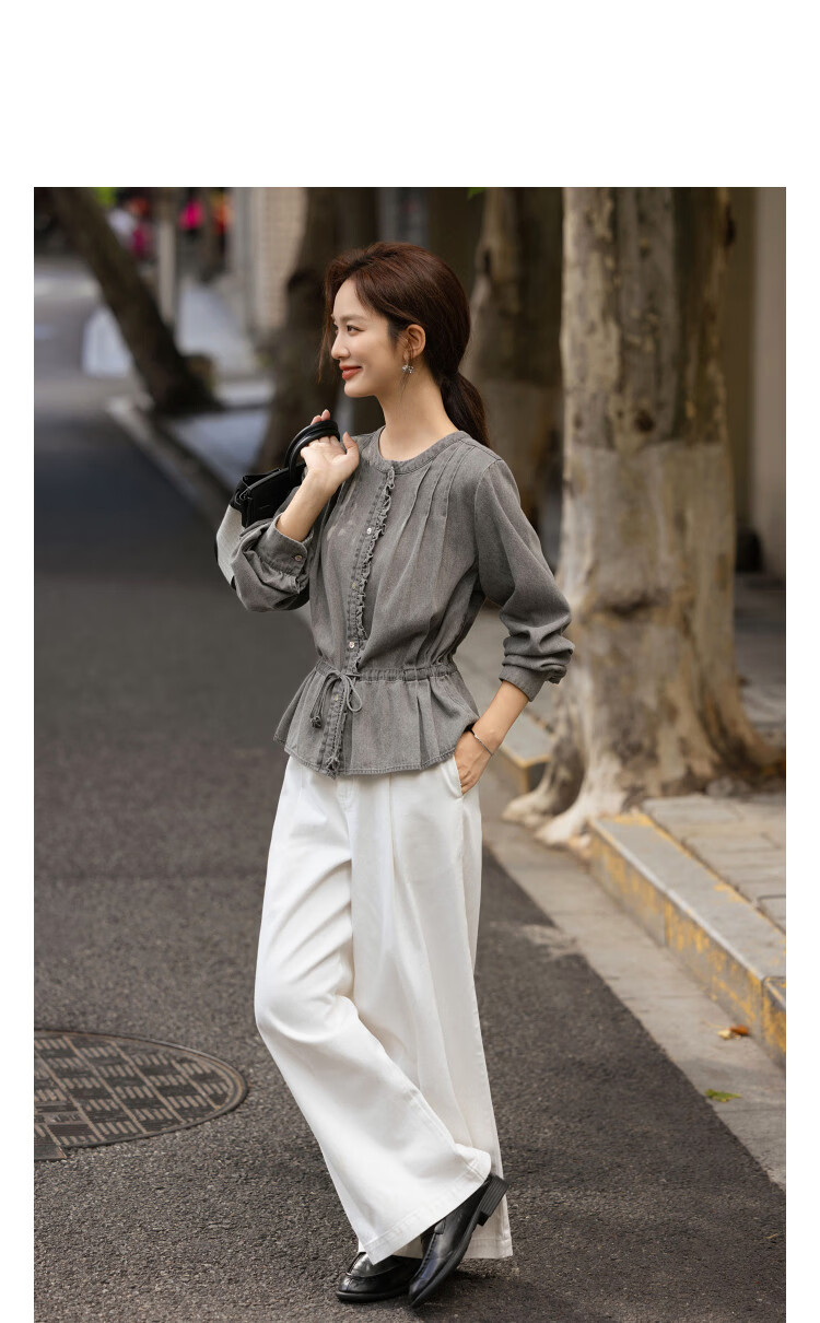 Demana Cloud Cotton 100 Lyocell French Style Round Neck Ruffle Drawstring Denim Shirt for Women Spring Autumn Premium 10