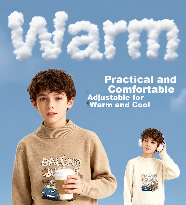 Baleno Boys' Sweater, Winter 2025 Style, Children's Fleece-Lined Warm Semi-Turtleneck Knit Sweater, Big Kids Winter Inner Layer Sweater 1