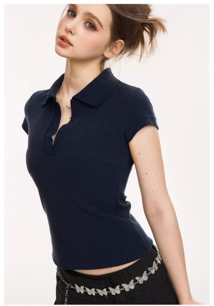 ICH MODE Vintage Polo Collar Short Sleeve T-Shirt Women 2026 Summer New Slim Fit Cropped Top White L 9