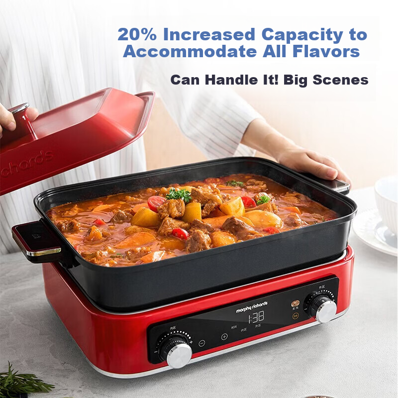 Morphyrichards Fourth Generation Multifunctional Pot, Home Use 6L Dual-Sided Electric Hot Pot, Valentine's Day Housewarming Gift, Steaming Cooking Frying All-In Electric Steamer MR9288 Red [Includes Dual-Sided Pot + Heat-Resistant Hat]