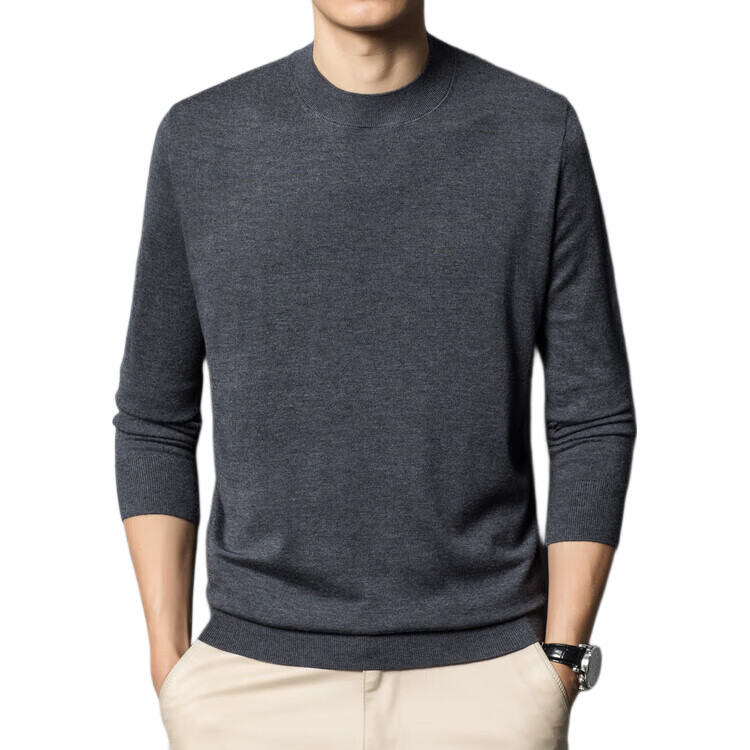 Hengyuanxiang Men's Lightweight Knit Sweater with Wool and Mulberry Silk, Spring and Autumn Thin Half Turtleneck Base Shirt, Pure Gray, Size M