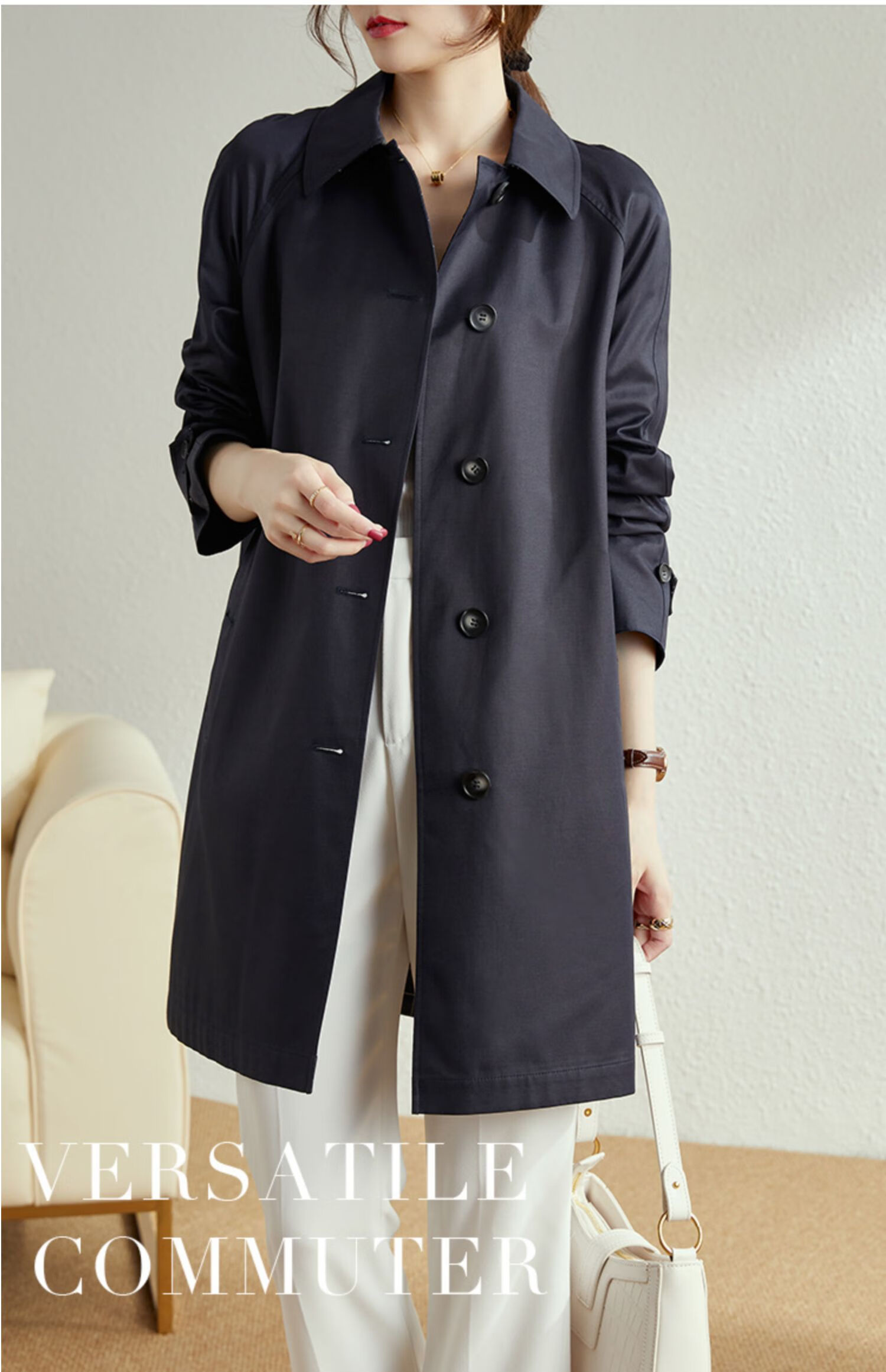 AOTUN British Style Women's Mid-Length Trench Coat Korean Version Slim Straight Jacket AT2359 Navy XXL 16