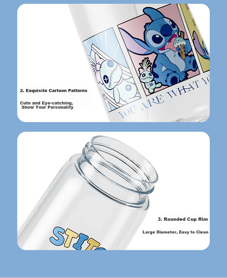 Disney Kids Double Spout Durable Plastic Water Bottle Large Capacity Summer Student School Drinking Cup 8