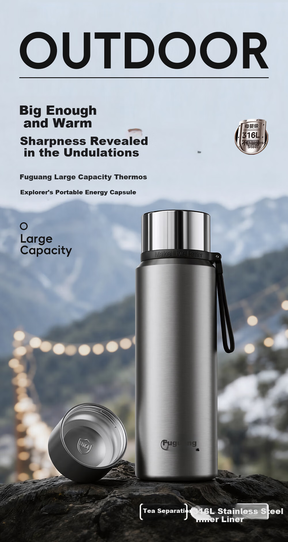 Fuguang Large Capacity Insulated Bottle 316L Stainless Steel Full Steel Lid Water Bottle Men Women Tea Separation Brewing Cup Student Cup 1