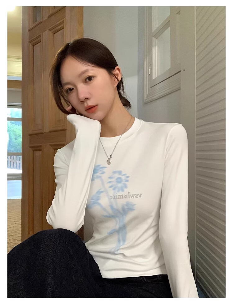 ICH MODE Floral Print Short Sleeve T-Shirt Women Spring Autumn New Korean Style Beautiful Shoulder Tee Navy Blue S 27
