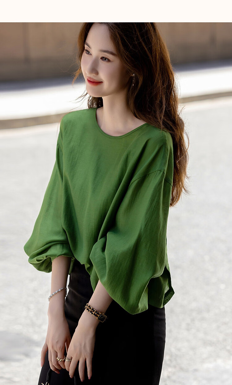 Demana [Shu Yang Pai] Spring and Autumn Acetate Linen Lyocell Blend Lantern Sleeve Straight Loose Shirt for Women 14