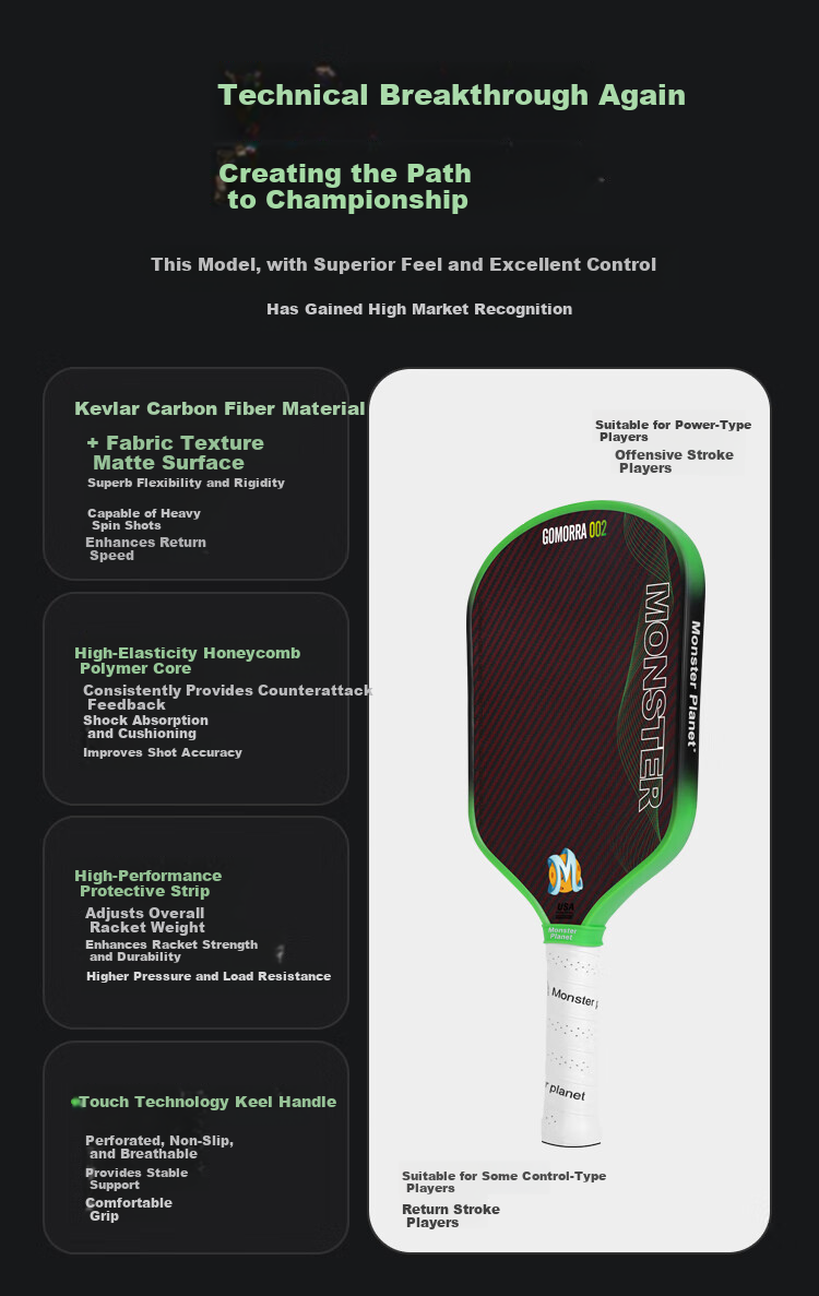 Monsterplanet Monster Planet Pickleball Paddle Imported Kevlar 3K Carbon Fiber Hybrid Gomorra Green 4