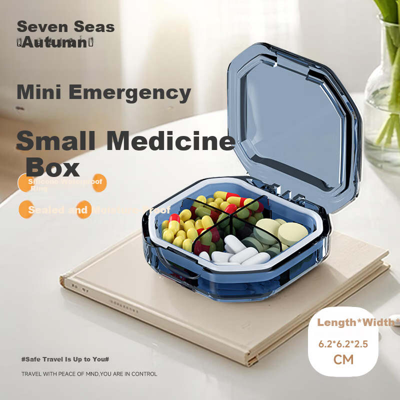 Qihaiqiu Mini Portable Daily Pill Box Travel Medicine Organizer Sealed Moisture-Proof 4-Compartment Blue
