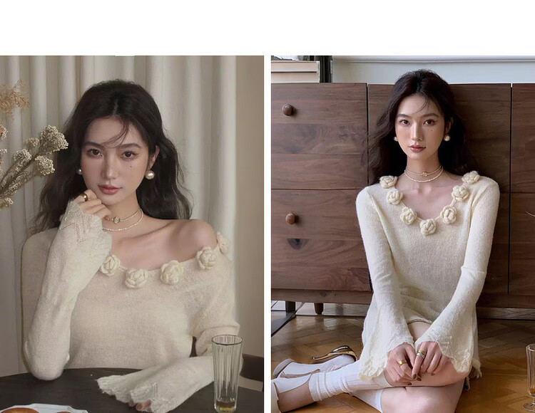 MT Spring Sweet 3D Crochet V-Neck Knit Sweater with Fluffy Wool, Slim Fit Women's Top 11