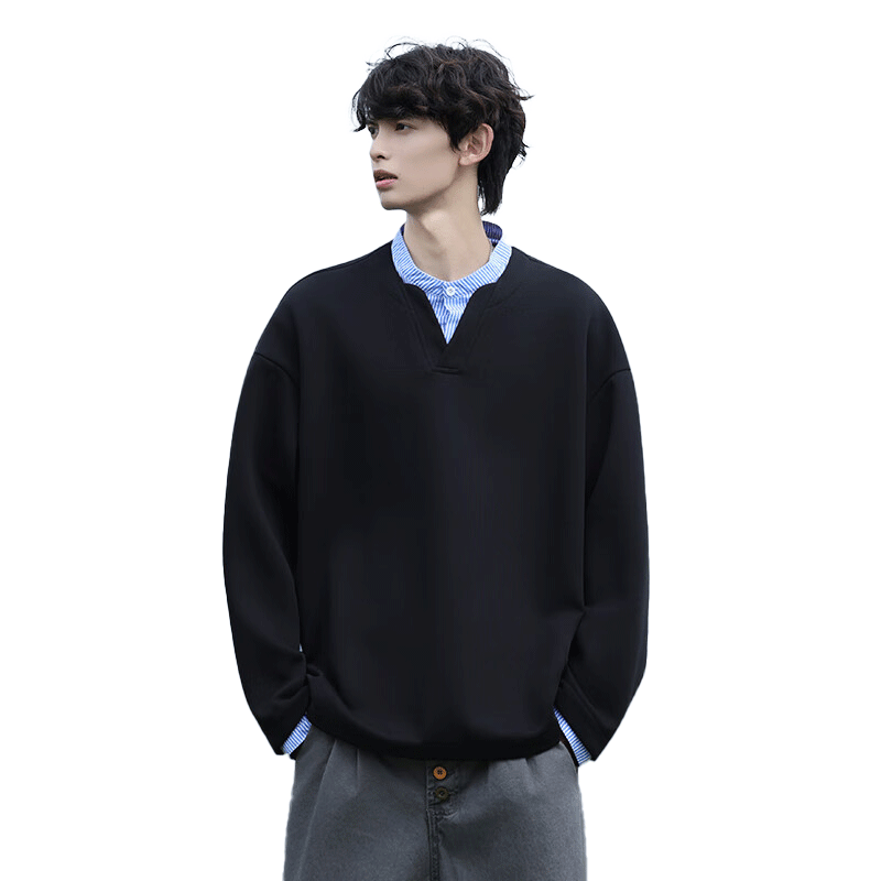 Homlean Men's American Casual Two-in-One Sweatshirt Autumn Loose Vintage Polo Shirt Versatile Top HP05 Ultimate Black 3XL